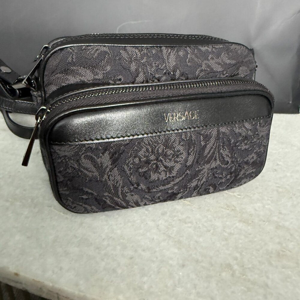 Versace Black Jacquard Fabric and‎ Leather Shoulder Messenger Crossbody, 1012856